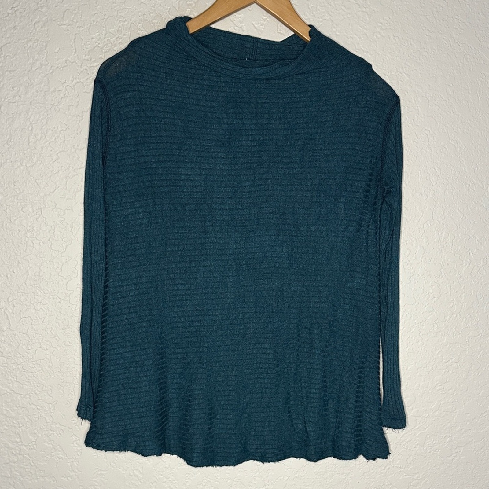 We The Free People Teal Long Sleeve Ribbed Tee Turtleneck Split Back Boho Baggy